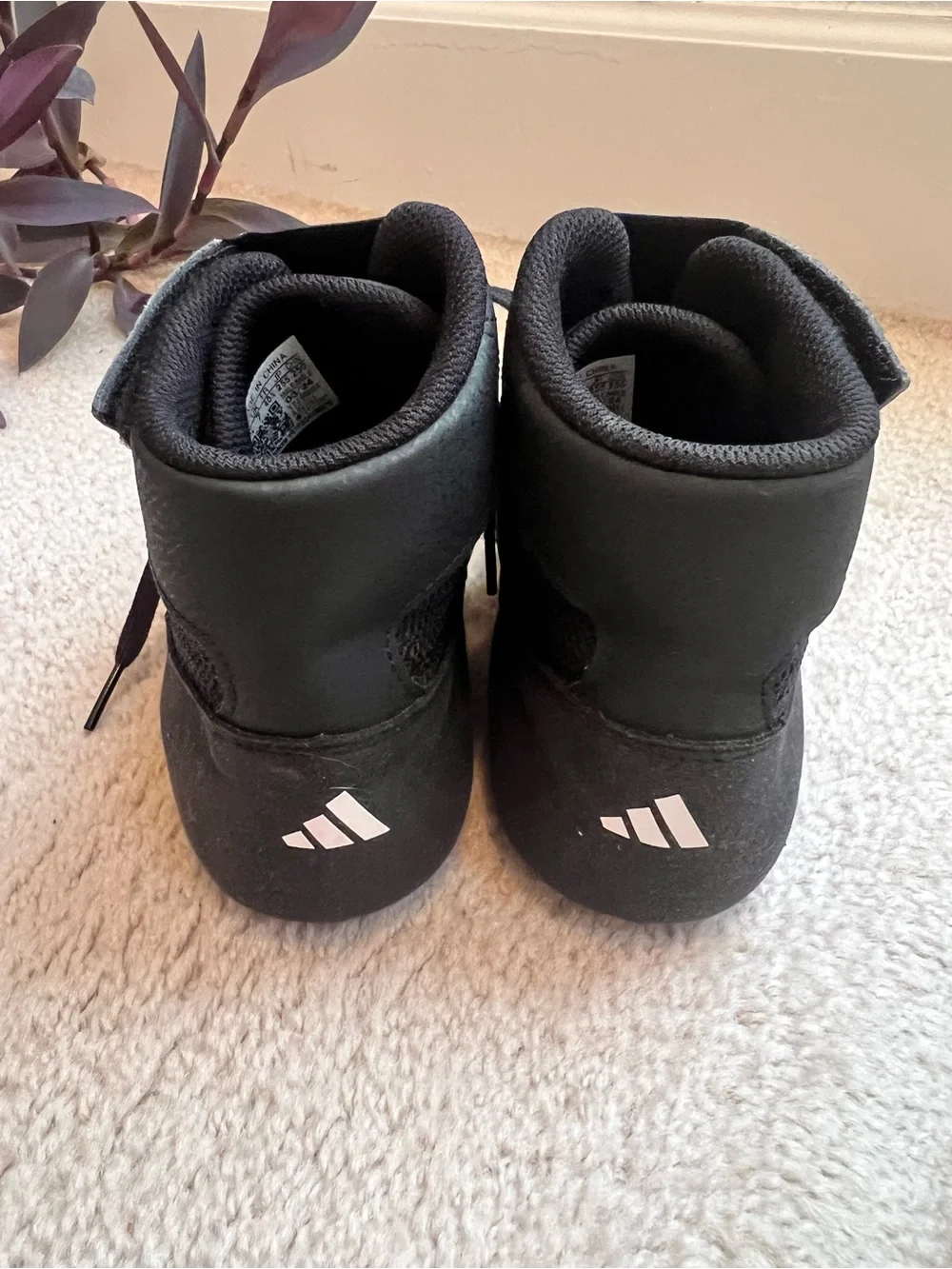 Adidas Black HVC High-Top Lace-Up Wrestling Shoes w/ White Stripes Ankle Strap